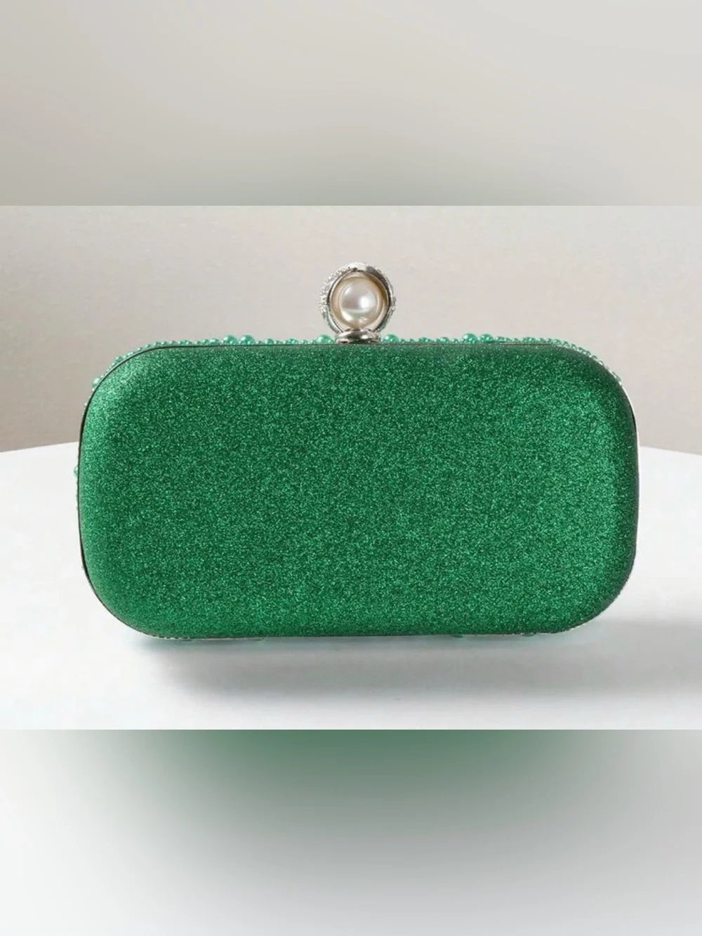 Pearl & Crystal Embellished Clutch - Gree